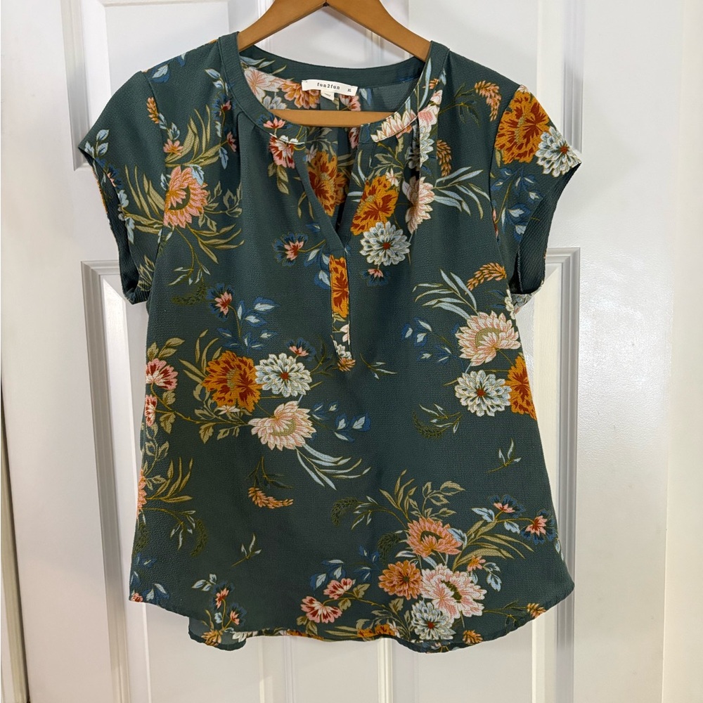 Fun 2 Fun Floral Teal and Orange Blouse